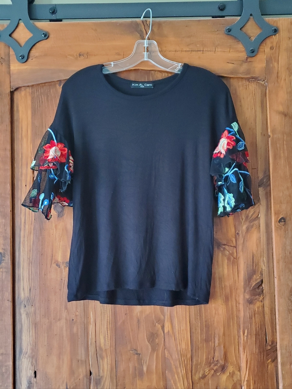 Kim & Cami Black Tee with Embroidered Floral Ruffle Sleeves